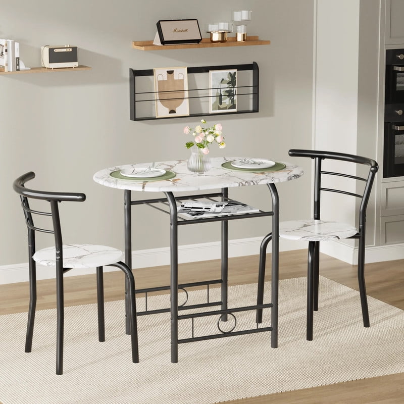 Vineego 3 Pieces Dining Set for 2 Small Kitchen Breakfast Table Set Space Saving Wooden Chairs and Table Set,Dark White
