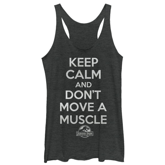 Women's Jurassic Park Keep Calm and Don't Move a Muscle  Racerback Tank Top Black Heather Large