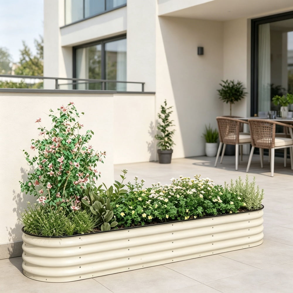 Cream Painted Galvanized Steel Raised Garden Bed, Open Bottom Planter, Modular Design with Rubber-Sealed Edges, Easy Assembly for Outdoor Gardening