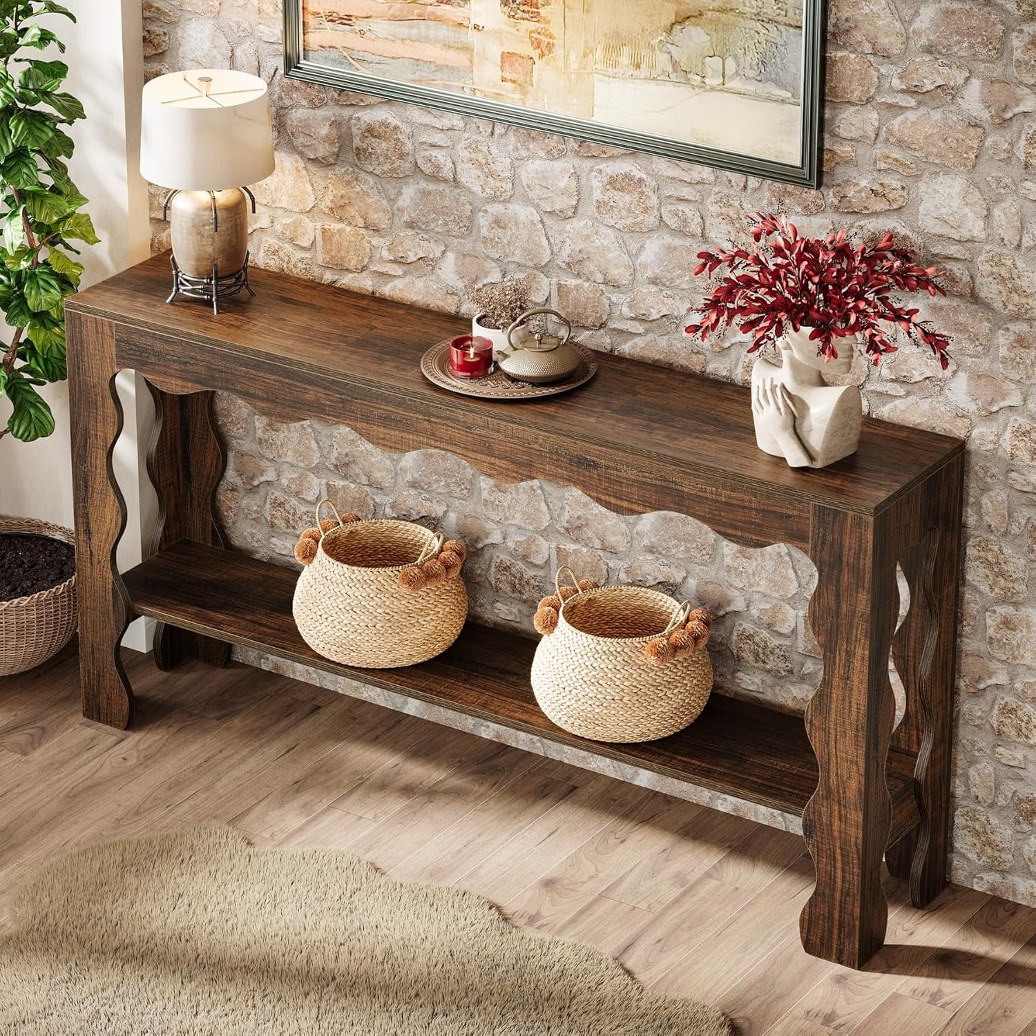 63" Console Table, 2-Tier Narrow Entryway Table for Hallway, Living Room, Light Brown