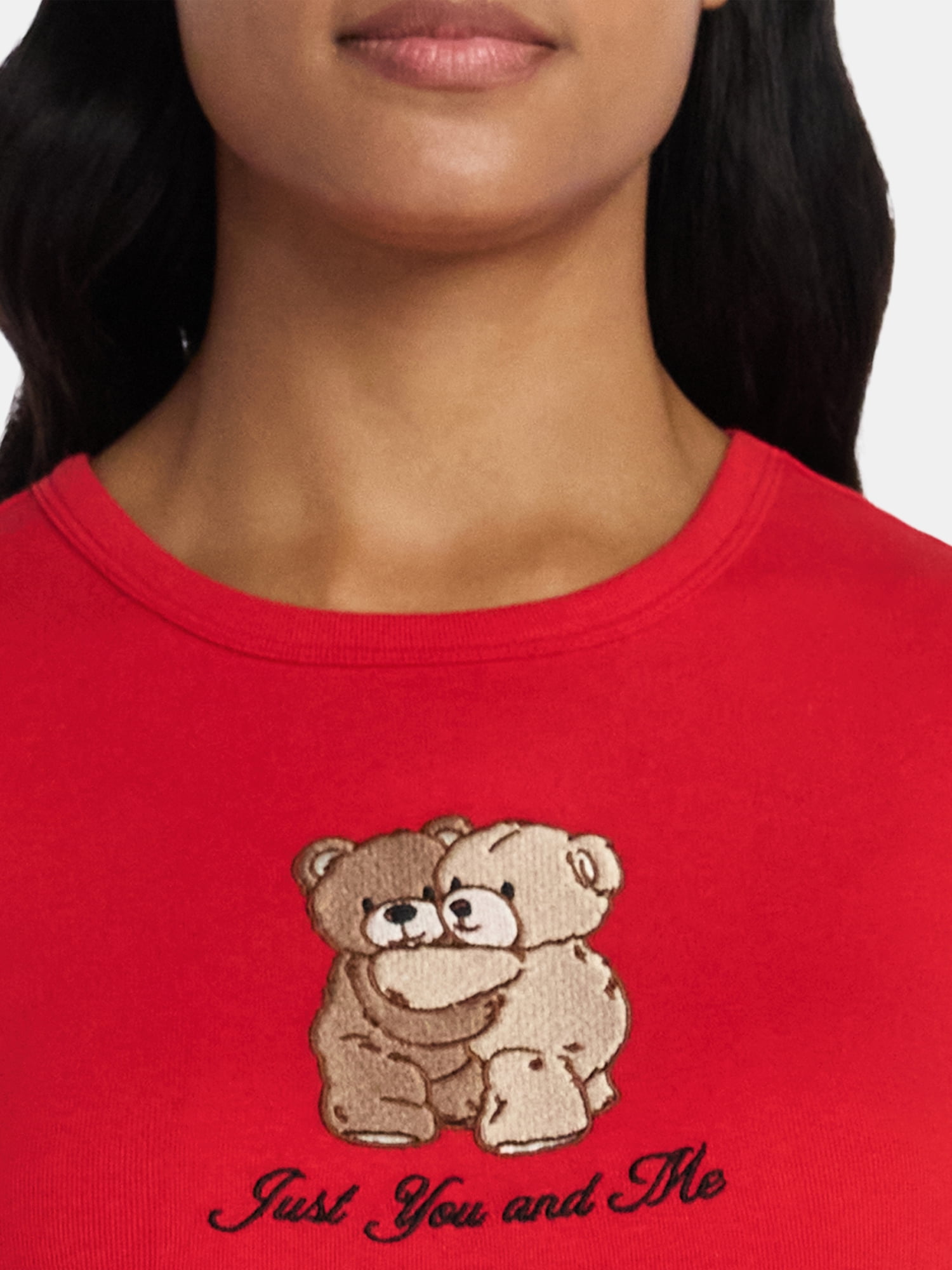 Valentine's Day Women’s Teddy Bears Embroidered Graphic Tee with Short Sleeves, Sizes XXS-XXL