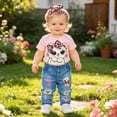 thumbnail image 2 of JIAYUE Baby Girls 3-Piece Outfit Short Sleeve Cartoon Print Bodysuit Elastic Waist Denim Pants And Leopard Headband For Outdoor Walking,9-12 Months, 2 of 8