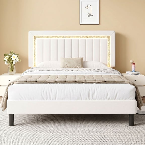 Amolife Queen Bed Frame, Platform Bed with Crystal LED Light Velvet Vertical Channel Upholstered Headboard, White