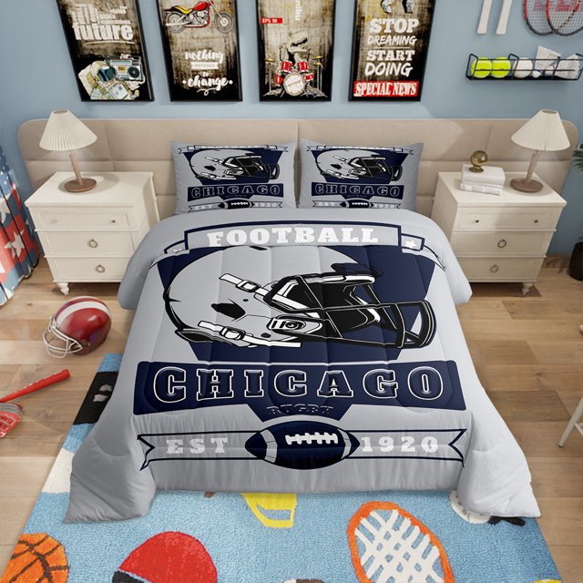 Erosebridal Ensemble de Literie de Football Américain pour Tout-Petits, Réversible 2 Pcs, Gris, Chicago