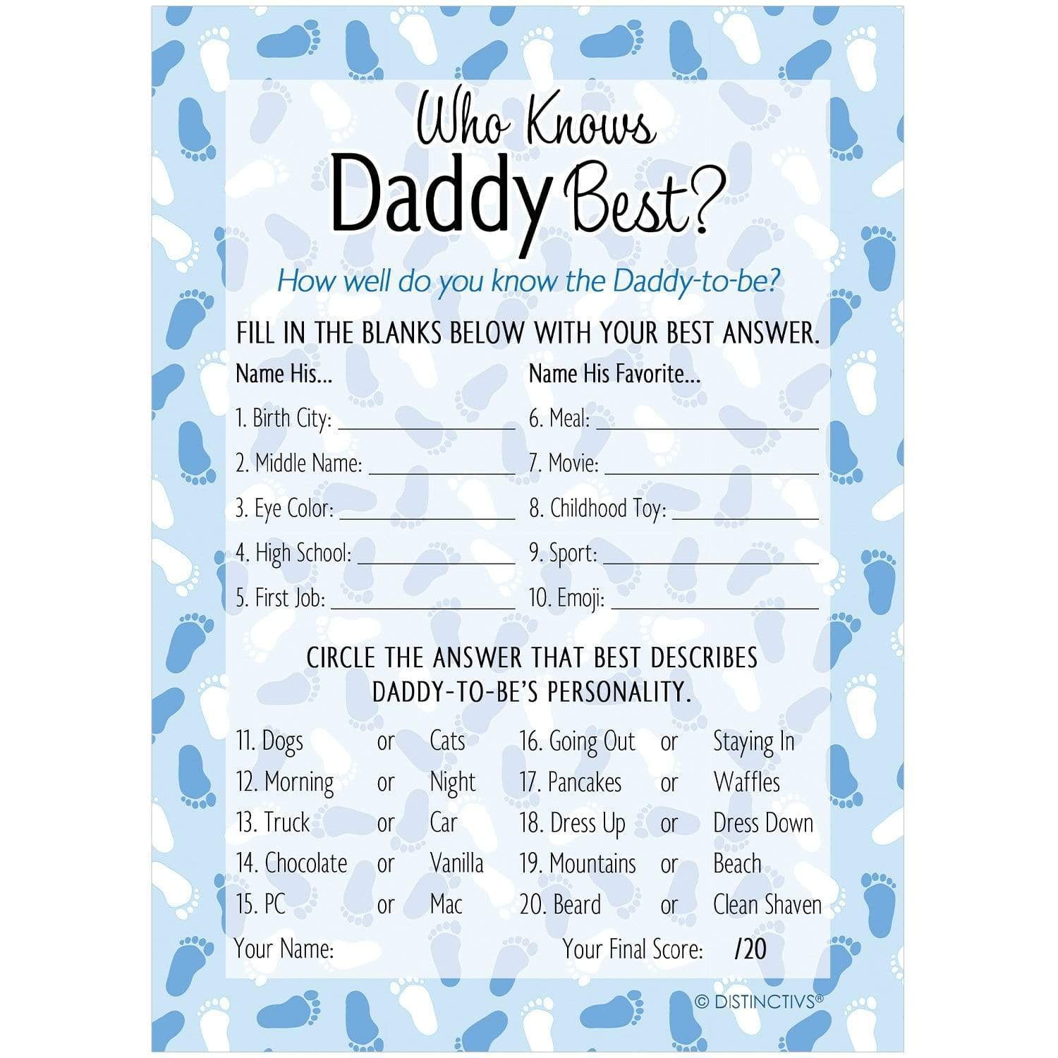Blue/Boy Perfect Party Game! 20 Players Baby Shower Bingo 