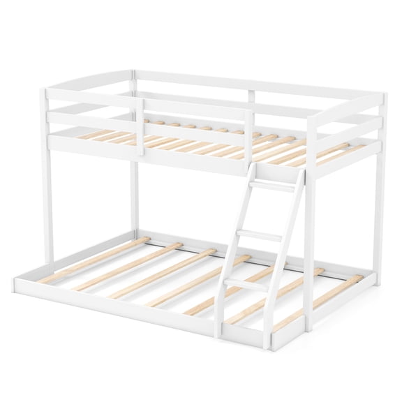Topbuy Twin Over Full Bunk Bed Solid Wood Bunk Bed with Integrated Ladder & Safety Guardrails White