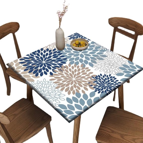 Elastic Edge Fitted Square Tablecloth, Navy Blue Flowers Polyester Table Cover, for Outdoor Picnic Camping and Indoor Kitchen Dining Party, Fit for 32" x 32" Square Table
