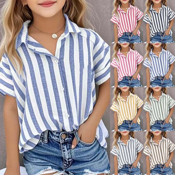 Weebloom Kids Girls Shirts Striped Casual Shirt Short Sleeve Lapel Open Front Knit Top Loose Fit Fashion Blouse Summer Tees For Toddler Youth Teen T-Shirts 5-15 Years