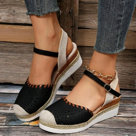 

YODETEY Women Sandals Summer Casual Hollow-out Sandals with Wedge Toe Black