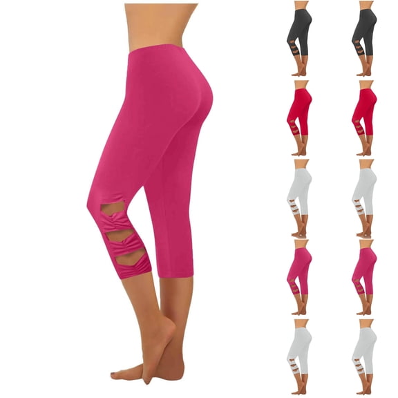 Knee Cutout Capri Leggings for Women High Waisted Cropped Yoga Leggings Seamless Fit Athletic Workout Pants Running Fitness , #02 Hot Pink, M
