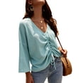 thumbnail image 4 of Women Drawstring Ruching Front V Neck Long Sleeve Waffle Top, 4 of 4