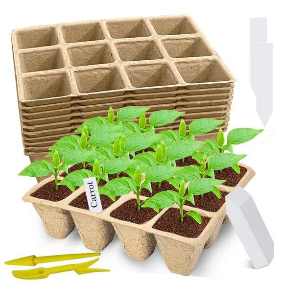 Doubleggs 120 Cells Seed Starter Tray, MVR1 10 Packs Biodegradable Peat Pots for Seedlings, Organic Germination Plant Starter Kit with 100 Labels and 2 Transplant Tools