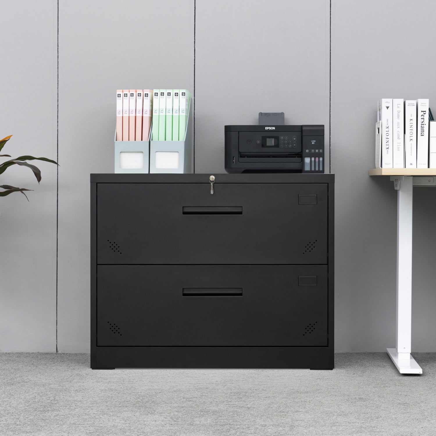 Kadyn Lateral File Storage Cabinet, 2 Drawer Filing Cabinet for Legal/Letter A4 Size, Steel Office Wide File Cabinet with Lock, Black Kadyn Lateral File Storage Cabinet, 2 Drawer Filing Cabinet for Legal/Letter A4 Size, Steel Office Wide File Cabinet with Lock, Black