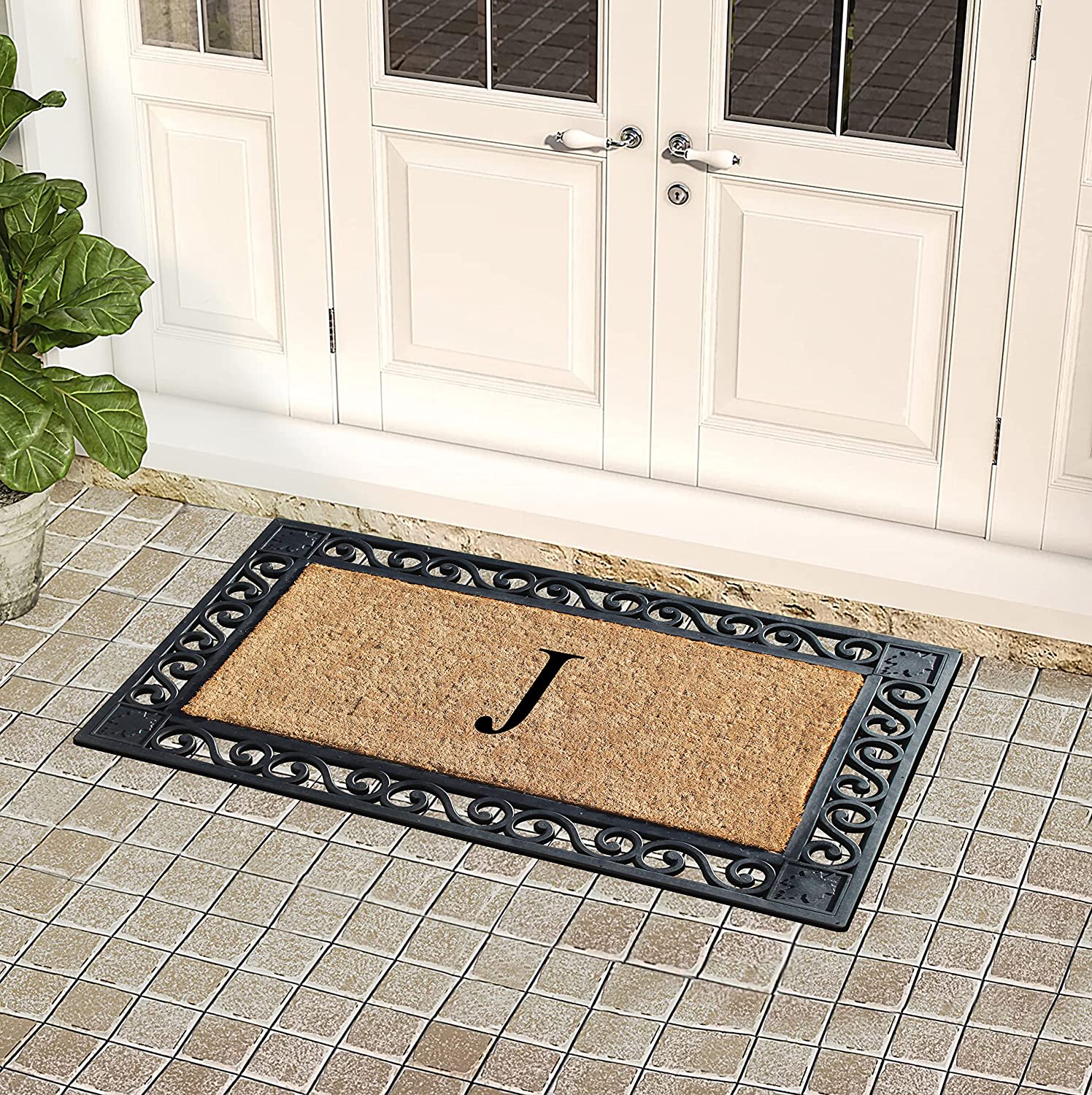 A1HC Natural Coir and Rubber Paisley border Monogrammed Doormat, Anti-Shed Treated Durable for Outdoor Entrance , 23"X38", Black