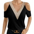 thumbnail image 2 of ClodeEU Women's V Neck Cold Shoulder Short Sleeve Top with Contrast Trim, Casual Solid Color Blouse Black,Women's Plus M, 2 of 6