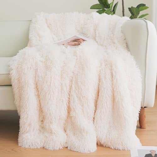 Beige Faux Fur Throw Blanket, Beige 50" x 60" Fluffy Blanket Throw, Shaggy Plush Decorative Couch Blanket, Cute Furry Throw Holidy Fuzzy Lap Blanket for Kids Women Men Teen Girls
