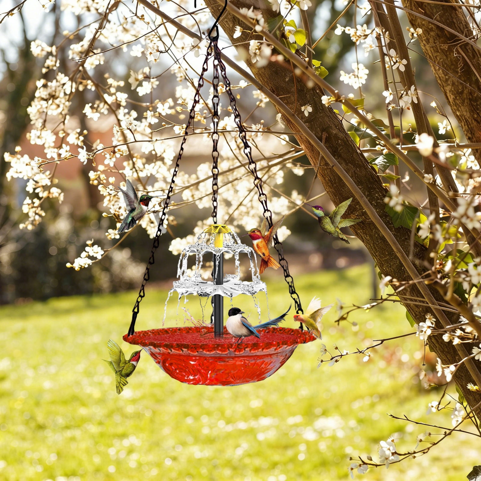FYHALE Solar Bird Feeder with Fountain Pump, Outdoor Hanging Floating Bird Bath Feeder with Solar Panel, Garden Bird Water Feeder Decoration for Patio Yard Lawn