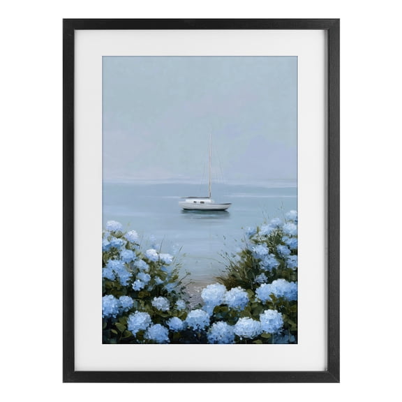 Stupell Industries Rustic Lodge Yacht in Floral Bay Black Framed Print Under Glass, 14 x 20, by Petals Prints Design