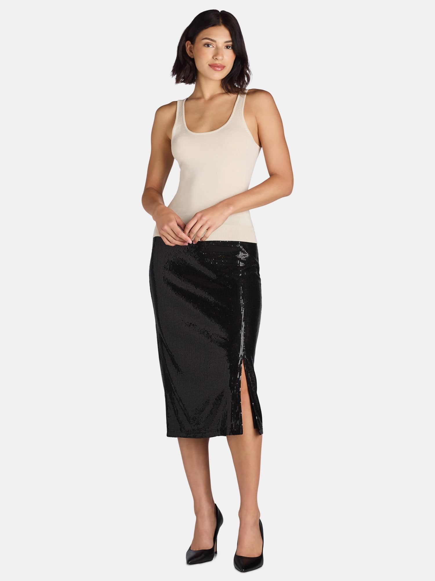 Time and Tru Women's Sequin Skirt with Side Slit, Sizes XS-XXXL