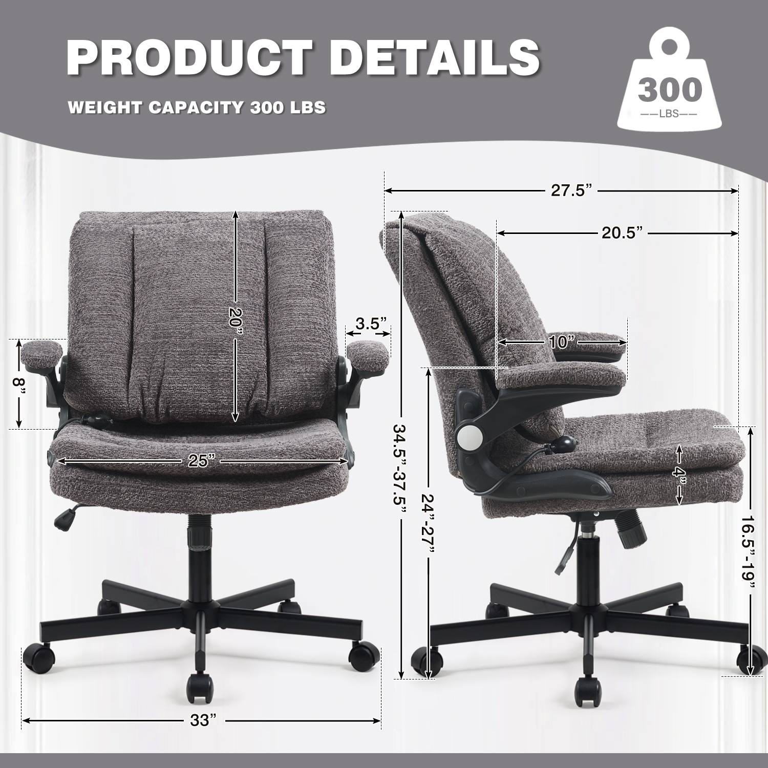 Wide Criss Cross Chair with Flip Up Back Cushion and Arms, Ergonomic Cross Legged Office Chair with Dynamic Lumbar Support, Upholstered Swivel Rolling Vanity Chair for Customized Comfort