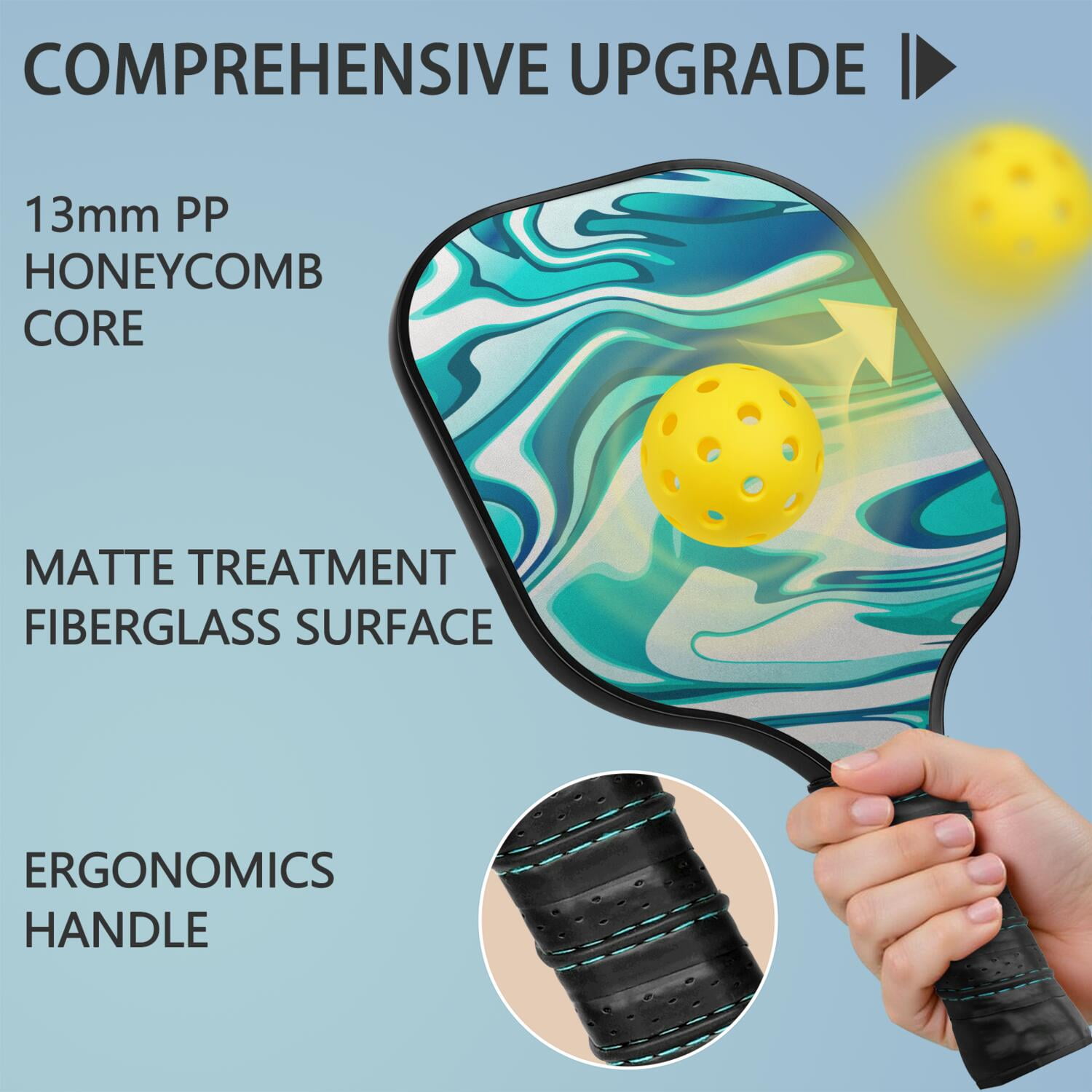 Pickleball Paddles Set Of 2, Fiberglass Surface, Liquid & Marble Print, 4 Balls & Bag