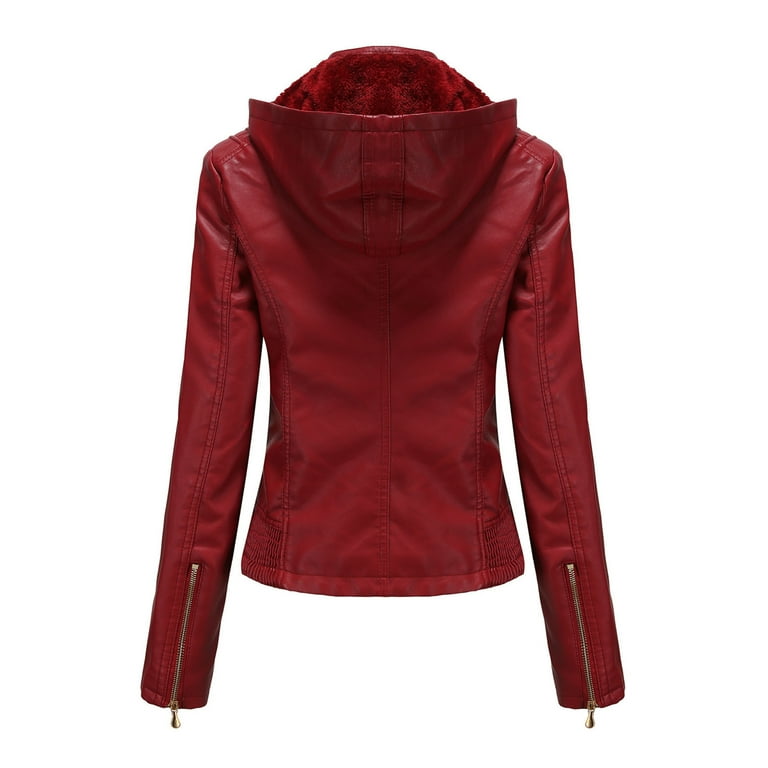 Plus Size 2023 Clothes Winter Overcoat Faux Leather Jacket Outerwears Solid  Color Fall Fashion Open Front Lapel Biker Motorcycle Jacket for Women Wine 