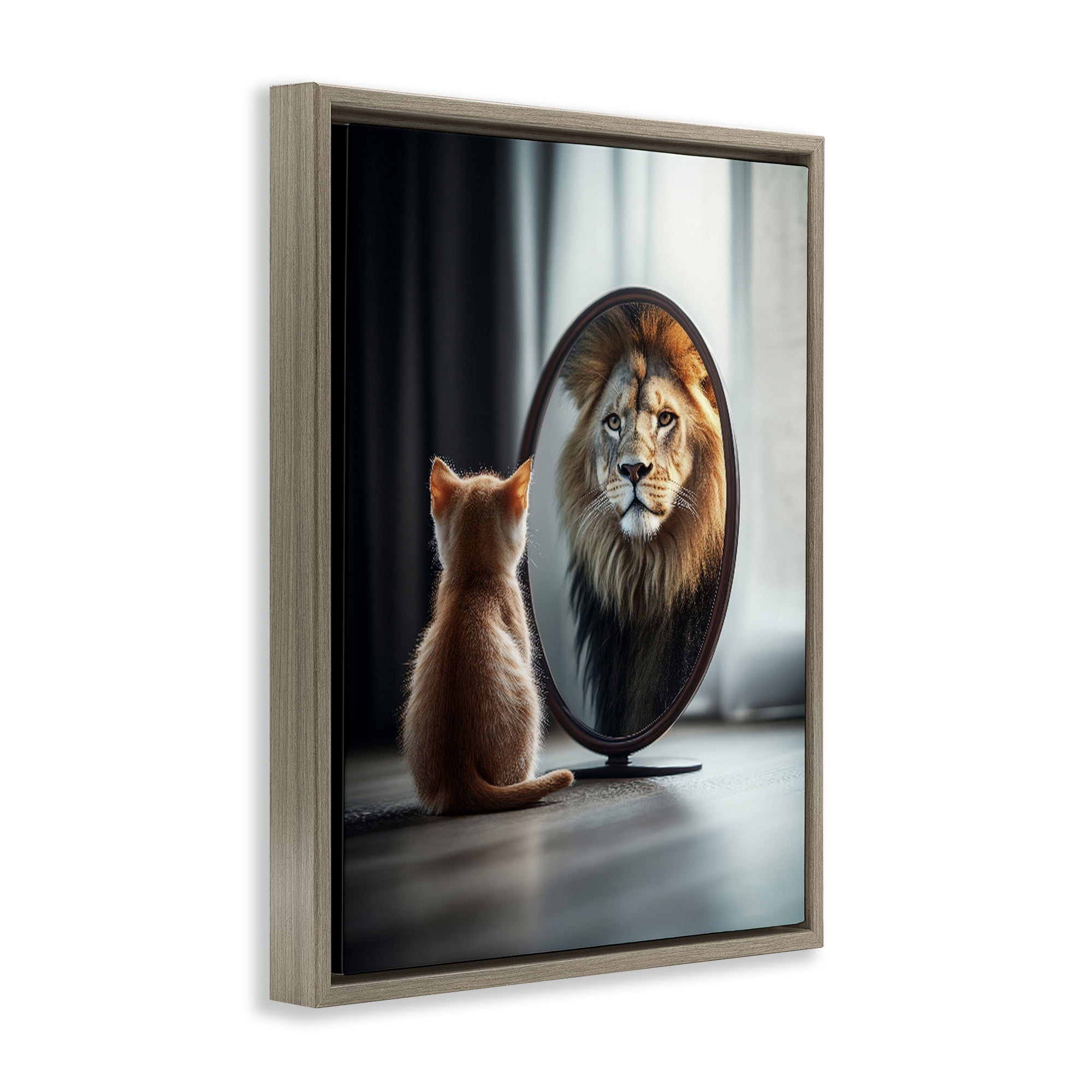 Stupell Industries Kitten Becomes Lion Illusion Brown Framed Floater Canvas Wall Art, design by Scott Stulberg