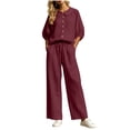 thumbnail image 2 of Zynoxe Summer Outfits for Women Stylish Collared Button Down 3/4 Sleeve Tops Drawstring Waist Pants Suit Plus Size Casual Solid Color Womens Two Piece Sets Breathable Lounge Set With Pockets S, 2 of 8