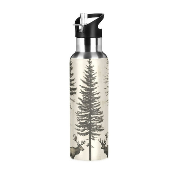Yayeee 20oz Double Wall Stainless Steel Water Bottle with Flip Straw, Black Deer