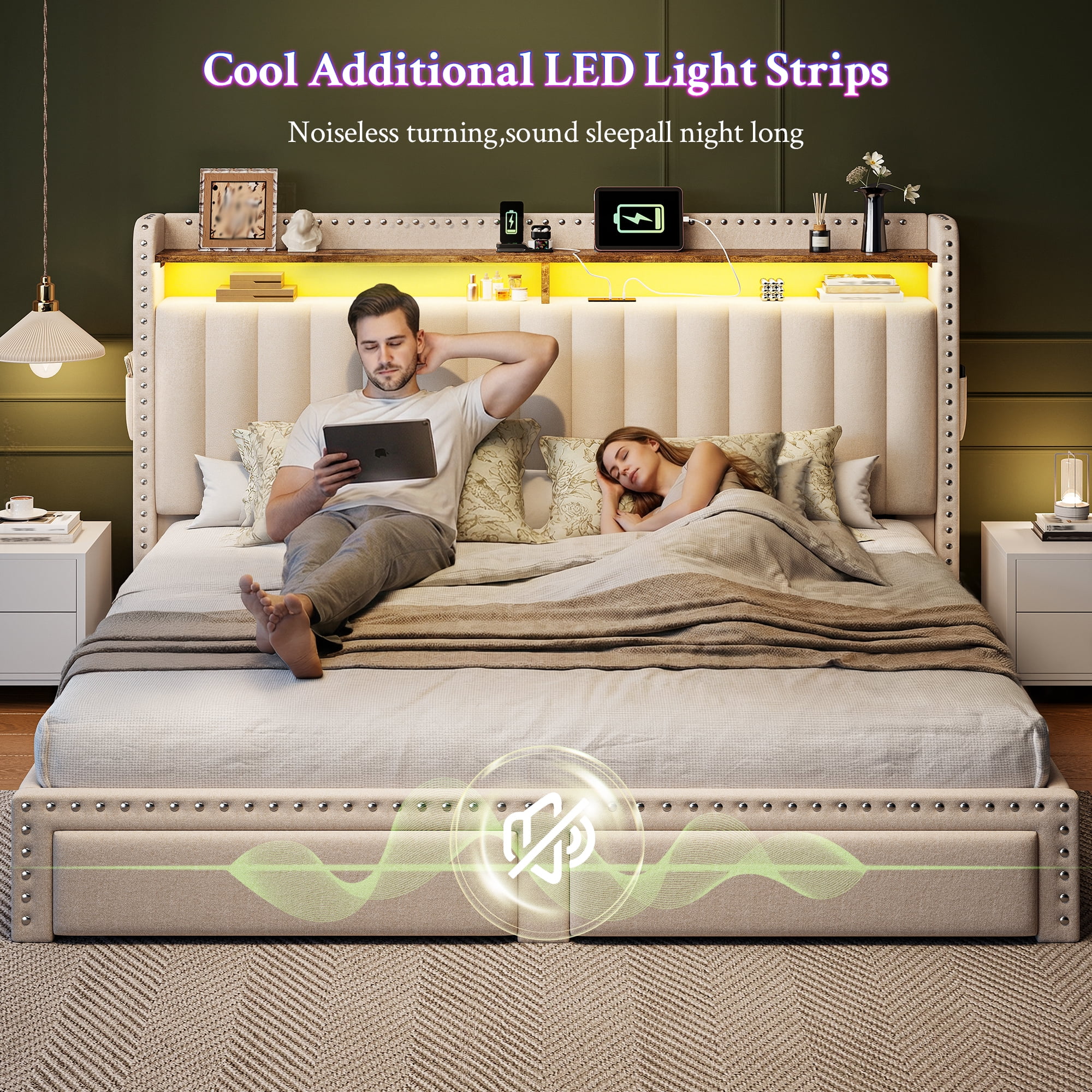 King Size Bed Frame with 2 Storage Drawers Upholstered Bed Frame with 2-Tier Storage Headboard & Charge Station & LED Light,Beige
