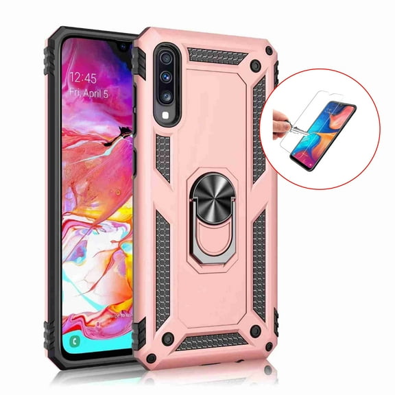 For Samsung Galaxy A10 With Tempered Glass Screen Protector, Rugged Hybrid Armor Anti-Scratch Shockproof Kickstand Cover Compatible Magnetic Car Mount Ring Grip, Rosegold