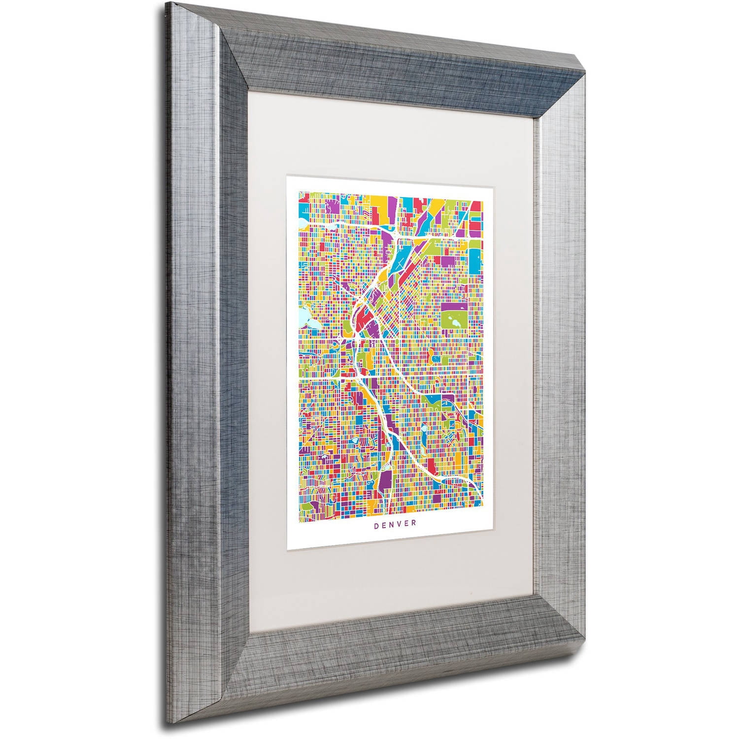 Trademark Fine Art "Denver Colorado Street Map 2" Canvas Art by Michael Tompsett, White Matte, Silver Frame