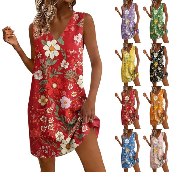 WAGUTH Women's Floral Print Mini Dresses Sleeveless V-Neck Shift Dress Boho Casual Summer Everyday & Beach Sundress with Side Pockets