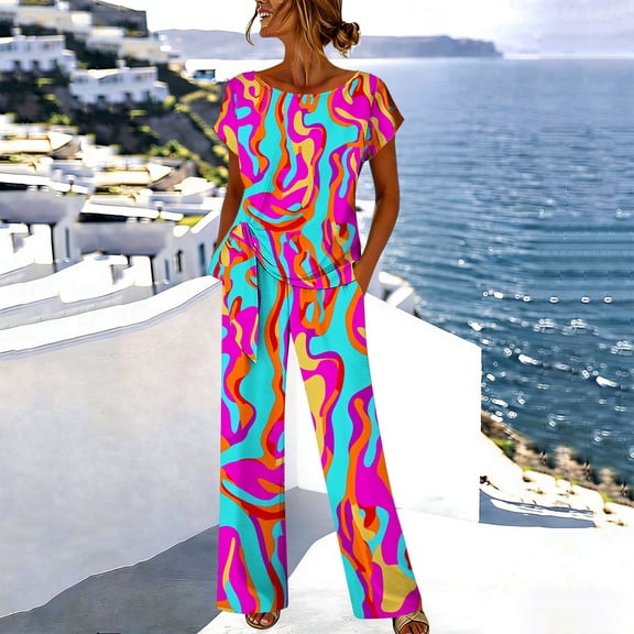 Karymi Plus Size Tops for Women 2-Piece Abstract Print Outfit, Round Neck Short Sleeve Tie Waist Knotted Top Wide Leg Long Pants, Loose Set Womens Tops Dressy Casual