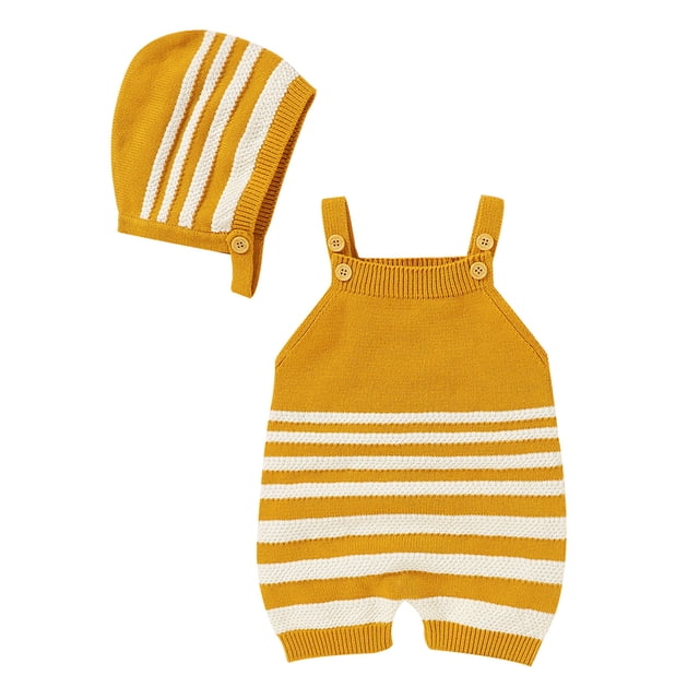Combinaison Tricotée pour Bébé Sans Manches à Rayures, Ensemble de Tenue avec Chapeau Assorti pour Filles, Tenue Douillette
