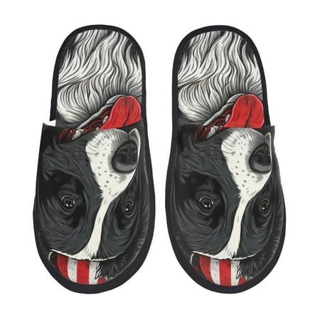 

Fuzoiu Independence Day Collie Print Unisex Furry Slippers Plush Indoor Shoes Trendy House Slippers Anti-Skid EVA Sole House Shoes for Home Office and Travel -Large