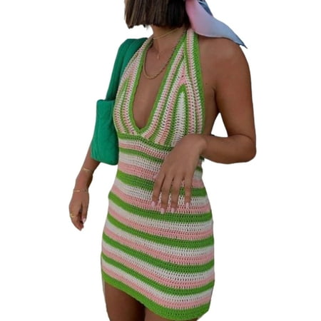 

Huyghdfb Women Close-fitting Dress V-neck Sleeveless One-piece Summer Backless Halter Knitted Camisole/Dress Streetwear