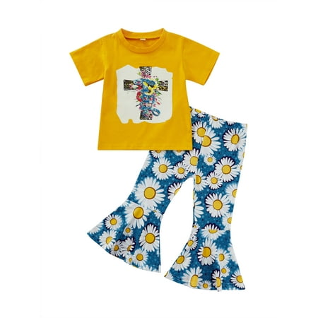 

Musuos Baby Girl Short Sleeve T-Shirt Tops Floral Flared Bell-Bottom Pants Legging Set