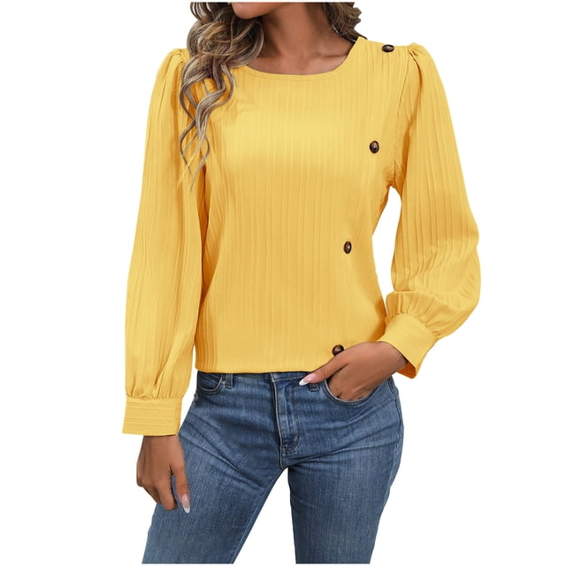 Timegard Womens Formal Tops Crew Neck Puff Long Sleeve Button Blouse Work Office Casual Loose Tops Fall