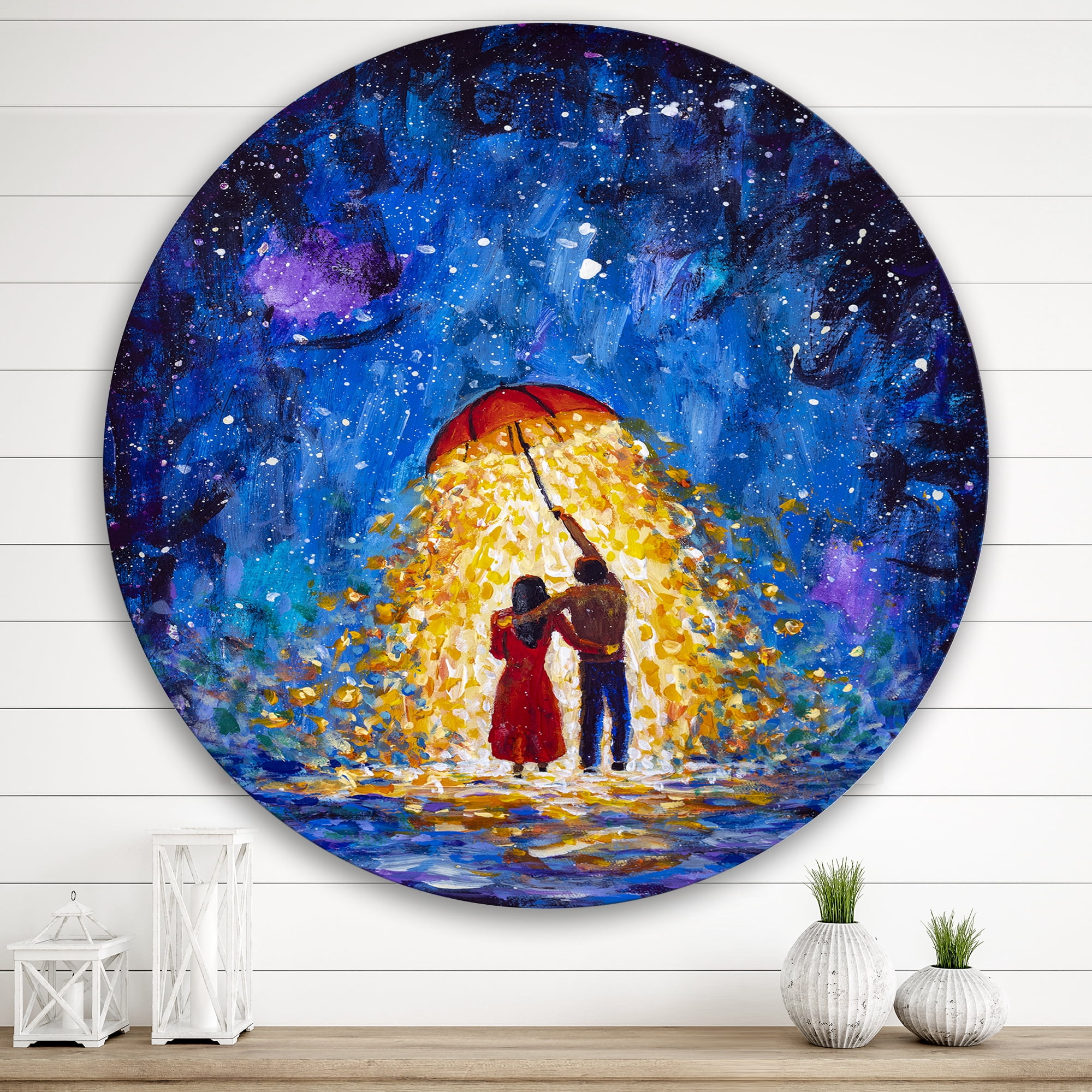 Designart 'Abstract Couple In Love Walks Under Glowing Umbrella' French Country Circle Metal Wall Art 36x36 - Disc of 36