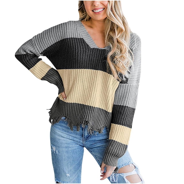 Suéteres Para Mujer Otoño Invierno Suéteres Recortados Suéter A Rayas Corto Cuello en V Empalme Suéter Recreativo Tejido de Manga Larga Tops Odeerbi ODB175375
