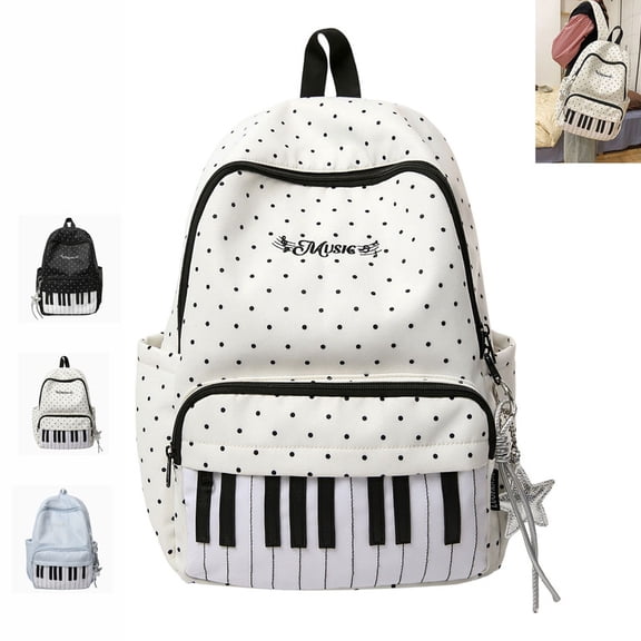 Piano Backpack polka, dot Backpack Y2k Bookbag, with Wide Padded Lightweight Adjustable Straps, Pendant, Pack Kawaii Daypack (White)
