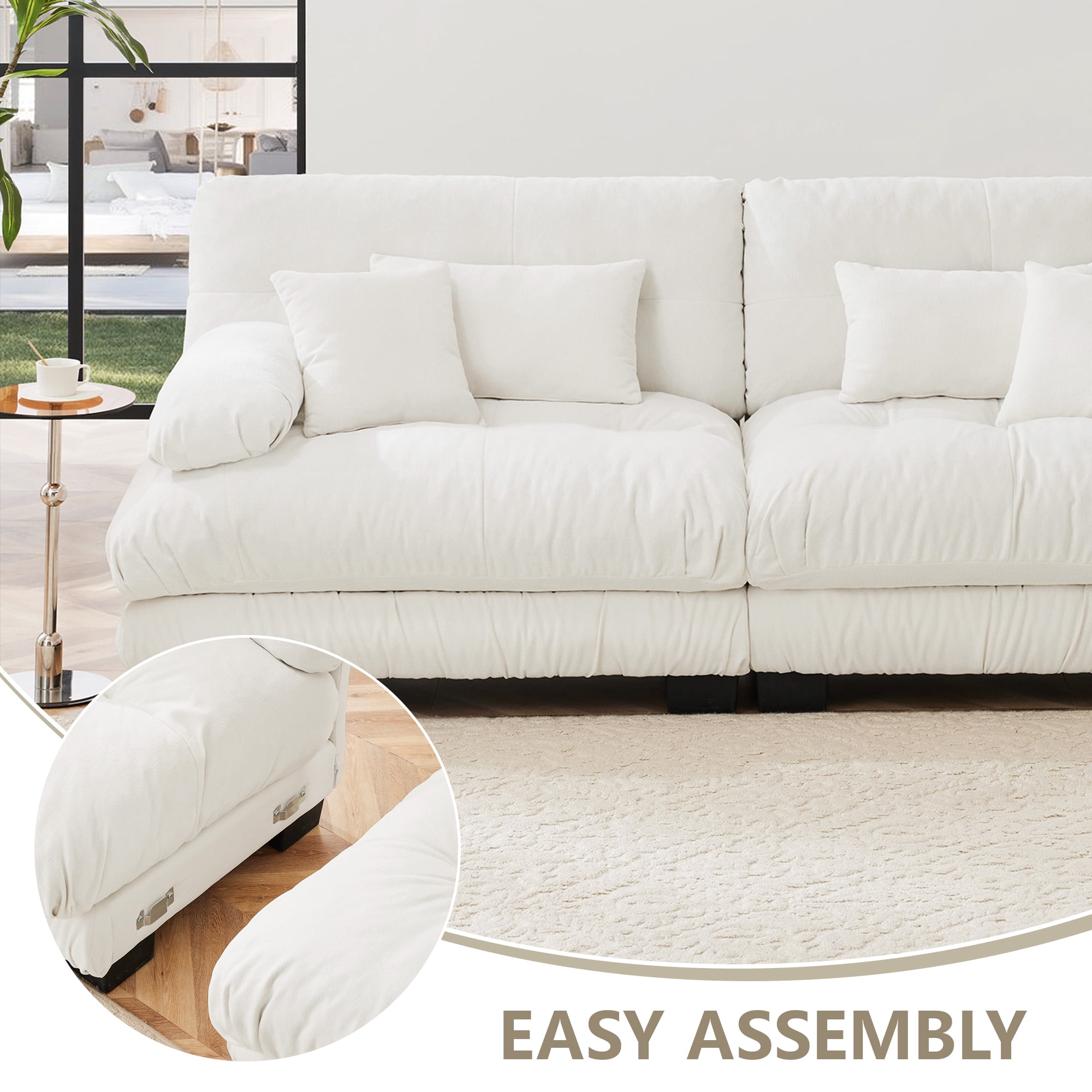 MAYEERTY 99.4in Cloud Sectional Sofa Couch for Living Room, Chenille 2 Seater Sofa with 2 Lumbar Pillows, 2 Throw Pillows and Convertible Ottoman, White