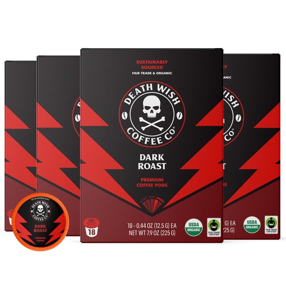 (4 pack) Death Wish Coffee, Organic and Fair Trade, Dark Roast, Single-Serve Coffee Pods, 18 Count