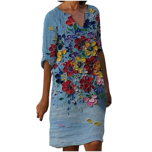 Vestidos de manga 3/4 para mujer Vestido de tirantes con estampado de flores a la moda Vestido con cuello en V hasta la rodilla Pompotops hdfakjf6100