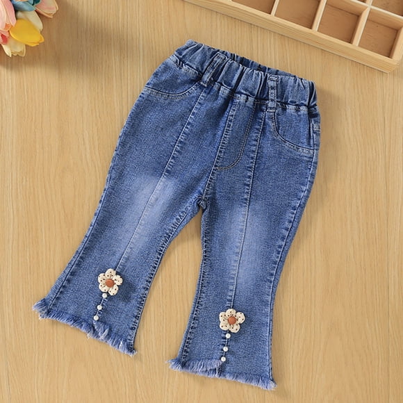hengsof Girls Wide Leg Flared Jeans, Rhinestone Bow Denim Pants for Kids, Stretch Comfort Casual Wear, Spring Summer Style Jeans 1-6 Years