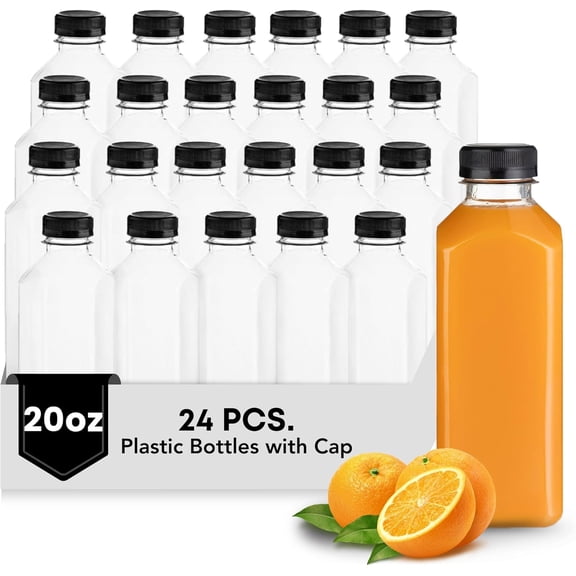 Plastic Bottles with - Clear PET Iced Coffee & Juice Bottles, Pack of 24 - Reusable Juicing Bottle - Ideal for Cold Drinks (20oz)
