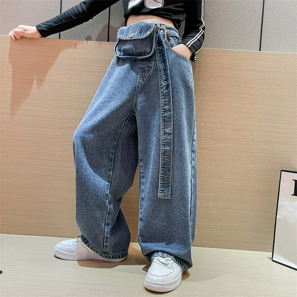 Girls Casual Denim Pants High Waisted Wide Leg Jeans Loose
