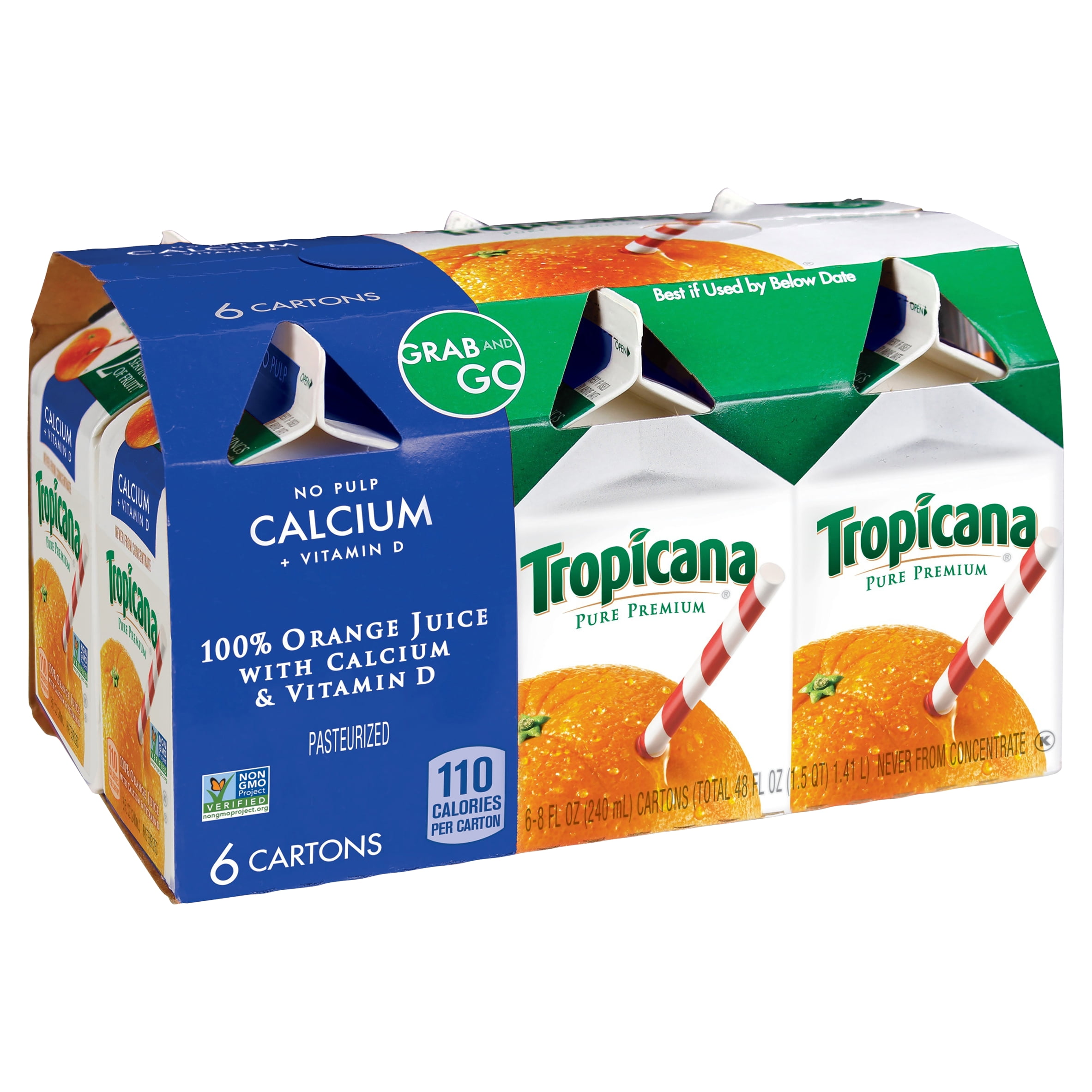 (2 pack) Tropicana Pure Premium 100% Orange Juice, No Pulp, with Calcium and Vitamin D 8 fl oz 6 Count, Liquid