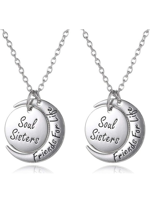 Best Friends Jewelry Gifts for 2 - Set of 2 ''Soul Sisters Friends for Life'' Matching Moon Necklaces, Unique Friendship Jewelry Gifts Best Friends Forever, BFF, Besties, Women, Teens (Silver Tone)